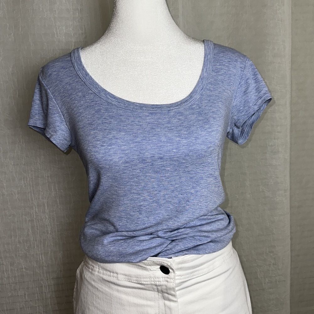 CR XS Light Blue White Heather Scoop Neck Short Sleeve Pima Cotton Stretch Tee